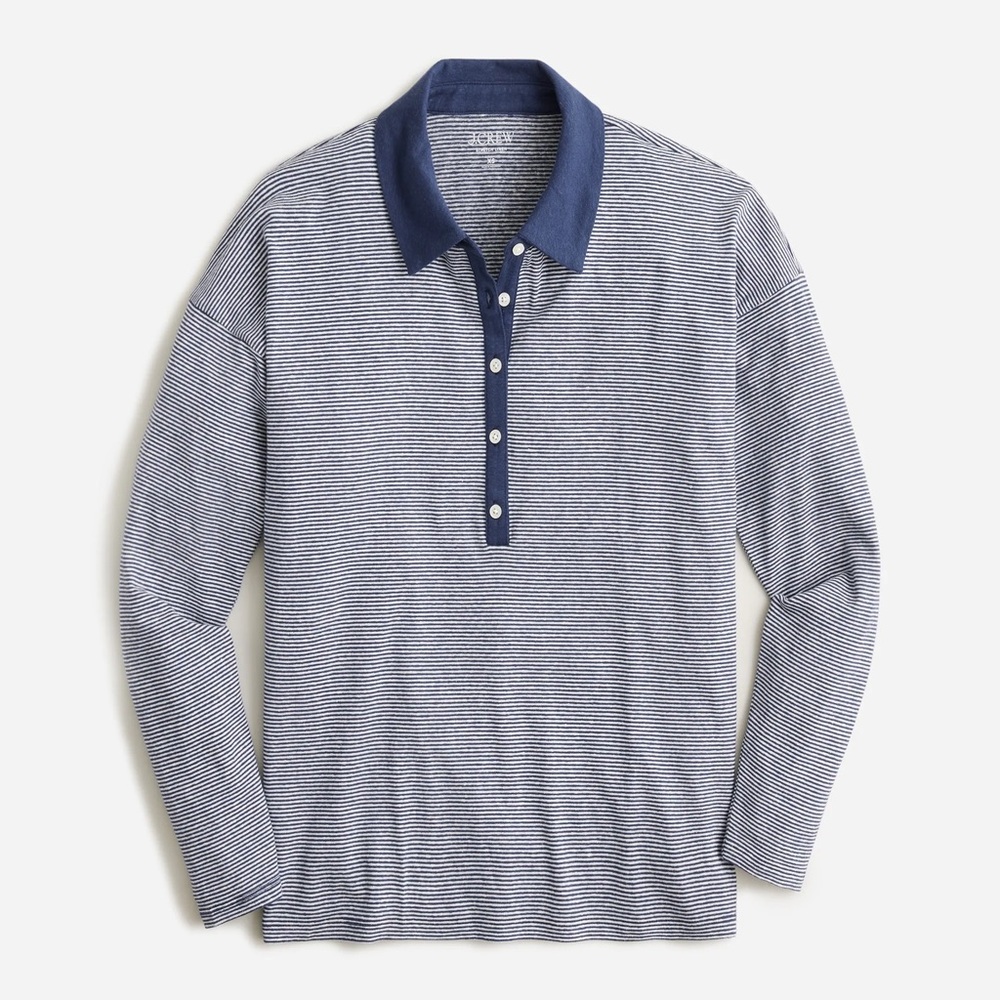 Relaxed long-sleeve stretch linen-blend polo shirt in stripe J. Crew